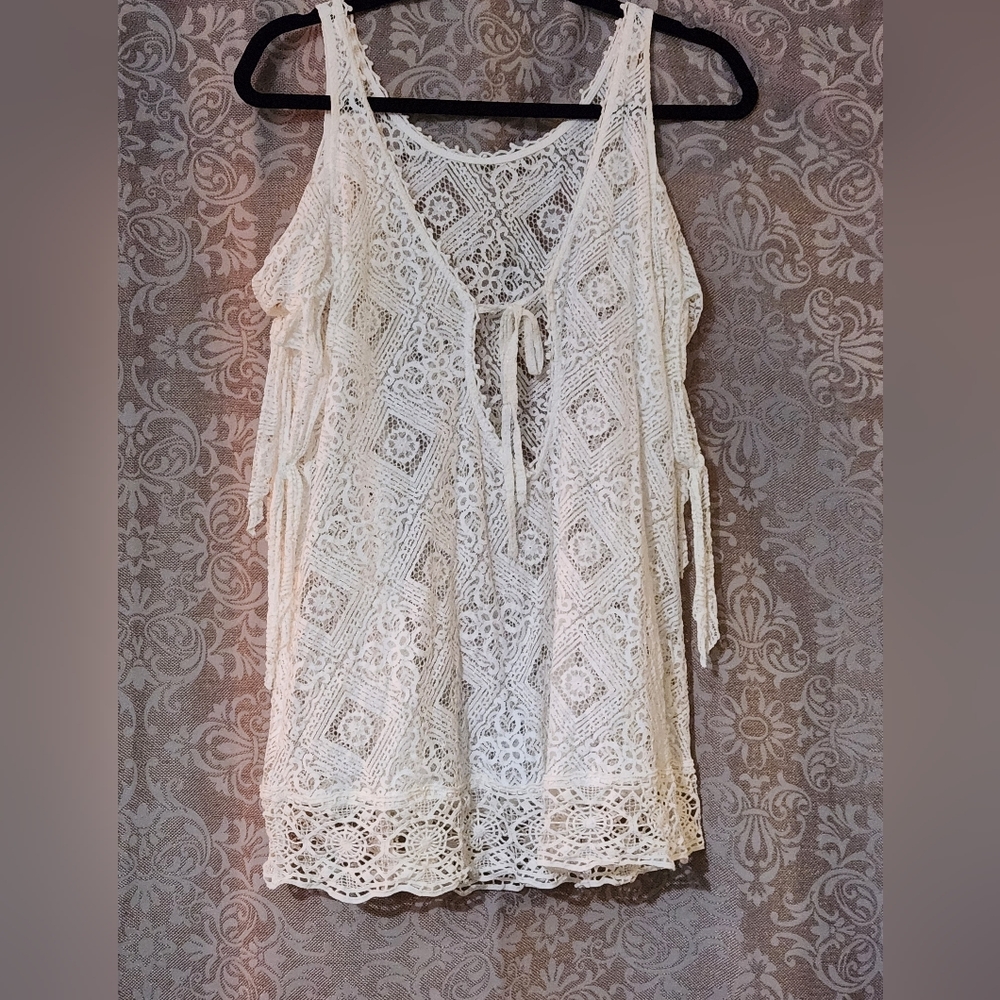 COPY - Free People White Lace/crochet Cold Shoulder Beach Swim Coverup Tunic Si…